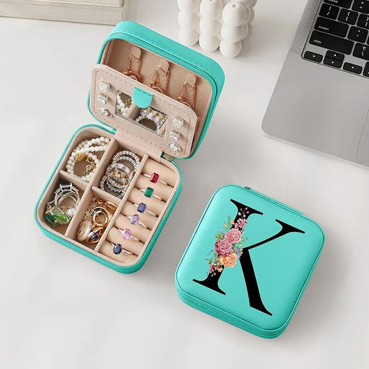 Parima Christmas Stocking Stuffers Gifts Travel Jewelry Case Jewelry Box - Small Jewelry Organizer Travel Essential Gifts for Teenage Girls Friends Her Bridesmaids for Women Mom Gifts - Letter K, Blue