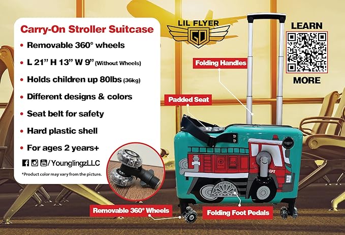 Younglingz LIL FLYER GO Version 2 Ride On Suitcase for Kids | Carry On Luggage with Toddler Seat, Foldable Handlebars, Pedals, and Removable Wheels | Holds up to 80 lbs | FIRETRUCK | Ages 2-6