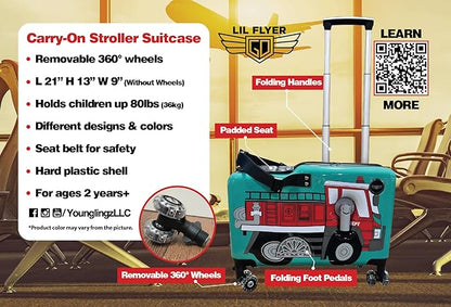 Younglingz LIL FLYER GO Version 2 Ride On Suitcase for Kids | Carry On Luggage with Toddler Seat, Foldable Handlebars, Pedals, and Removable Wheels | Holds up to 80 lbs | FIRETRUCK | Ages 2-6