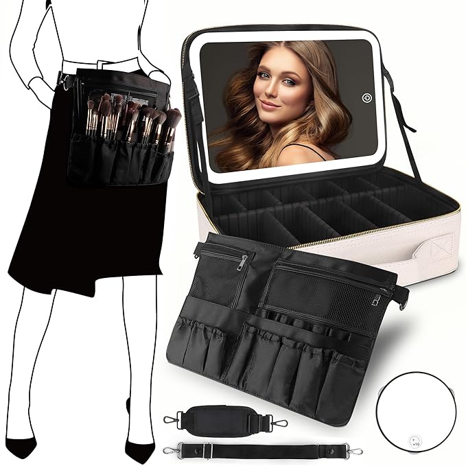 MOMIRA Travel Makeup Bag Cosmetic Bag Makeup Organizer Bag with Lighted Mirror, Adjustable Brightness in 3 Color Scenarios, Waterproof Makeup Train Case, Gift for Women - Khaki (Large)