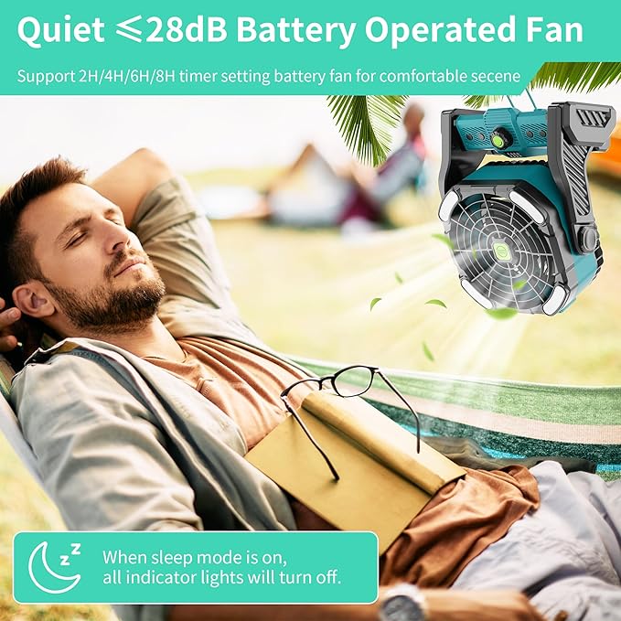 20000mAh Battery Powered Fan Rechargeable,Rechargeable Portable Camping Fan with Light,270°Rotation Battery Operated,USB Camping Essentials Tent Battery Fans Portable X26 Cyan