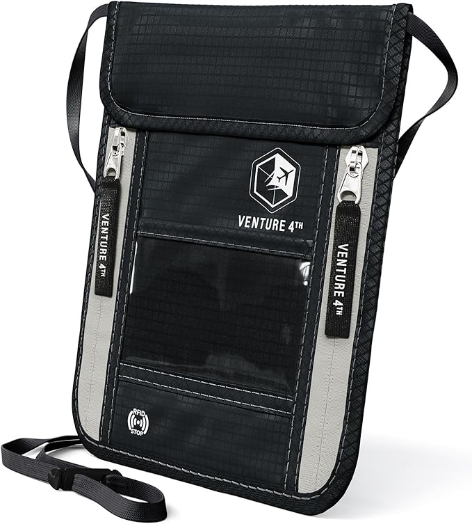 VENTURE 4TH Neck Wallet, RFID Blocking Passport Holder for Travel – Hidden Neck Pouch with 6 Compartments, Slim Lightweight Organizer with Adjustable Strap for Cash, Cards & Passport (Black)