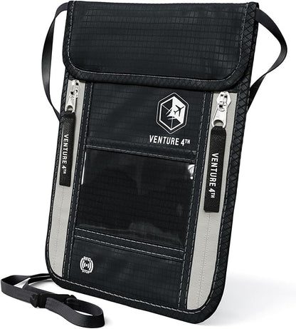 VENTURE 4TH Neck Wallet, RFID Blocking Passport Holder for Travel – Hidden Neck Pouch with 6 Compartments, Slim Lightweight Organizer with Adjustable Strap for Cash, Cards & Passport (Black)