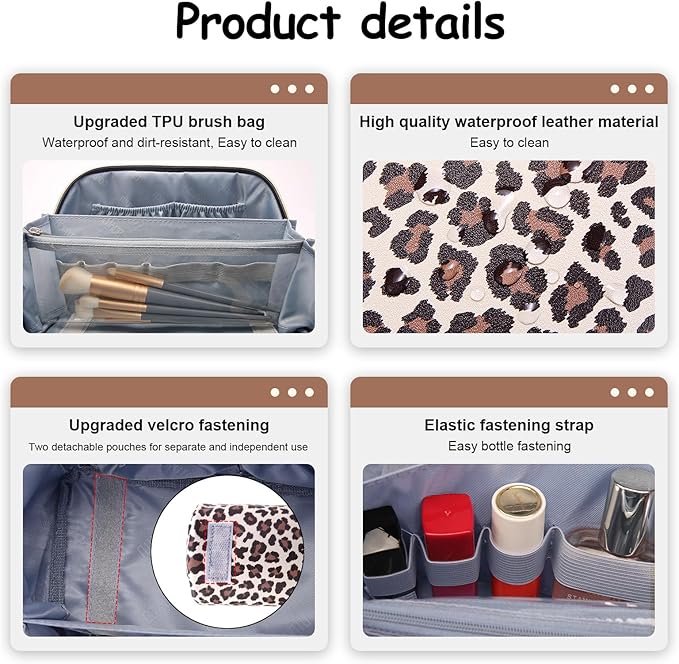 BOYATU Travel Makeup Bag for Women: 3 Pcs Set Portable Make up Bags with Handle - Leopard Print Cosmetic Bags with Comparments - Waterproof Vegan Leather Toiletry Bag (A-1-Beige)