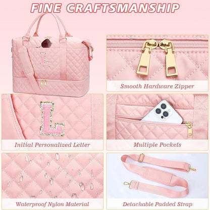 Gifts for Women Girls Initial Travel Duffle Bag Quilted Weekender Carry-On Overnight with Cosmetic Bag, Gym Bag with Shoe Compartment Hospital Bag for Labor Delivery, Pink L