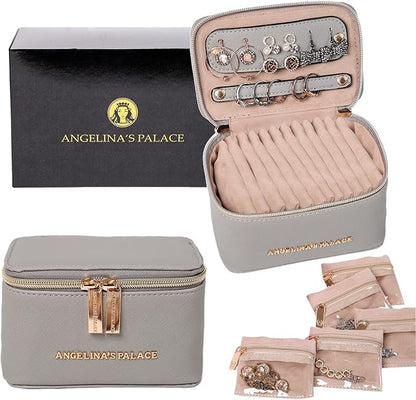 Angelina's Palace Jewelry Organizer Case Bridesmaid Gifts Travel Bag Vegan Leather Box for Necklace Earring Bracelet Ring(pearl grey)