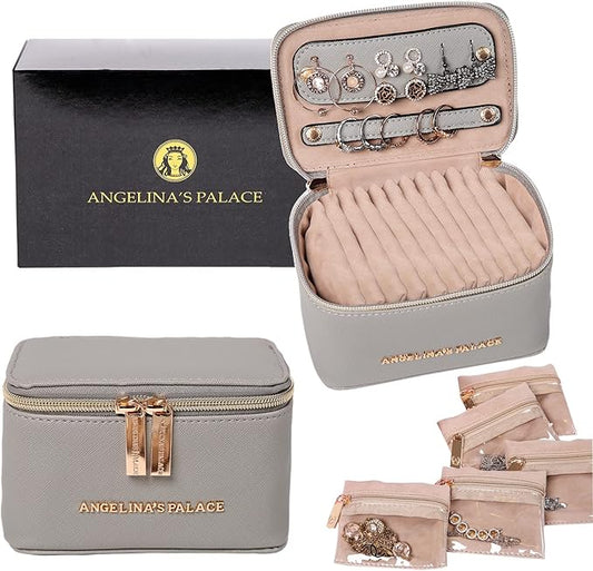 Angelina's Palace Jewelry Organizer Case Bridesmaid Gifts Travel Bag Vegan Leather Box for Necklace Earring Bracelet Ring(pearl grey)