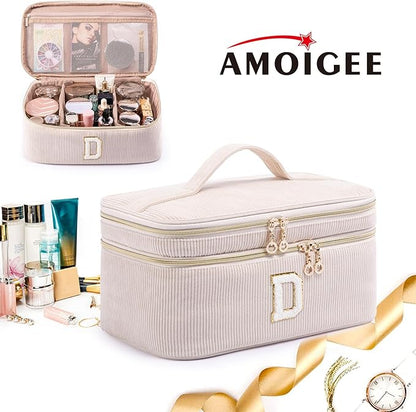AMOIGEE Initial Makeup Bag Organizer,Personalized Double Layer Train Case, Travel Toiletry Bag for Makeup Brushes for Teens Girl, Skincare Gift Set, Initial Cute Cosmetic Make Up Bag for Women