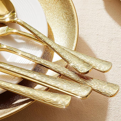 KINGSTONE Gold Hammered Silverware Set, Flatware Set with Serving Utensils, 18/10 Stainless Steel Premium Cutlery with Unique Ripple Handles Design Mirror Polished - Dishwasher Safe (65-Piece)