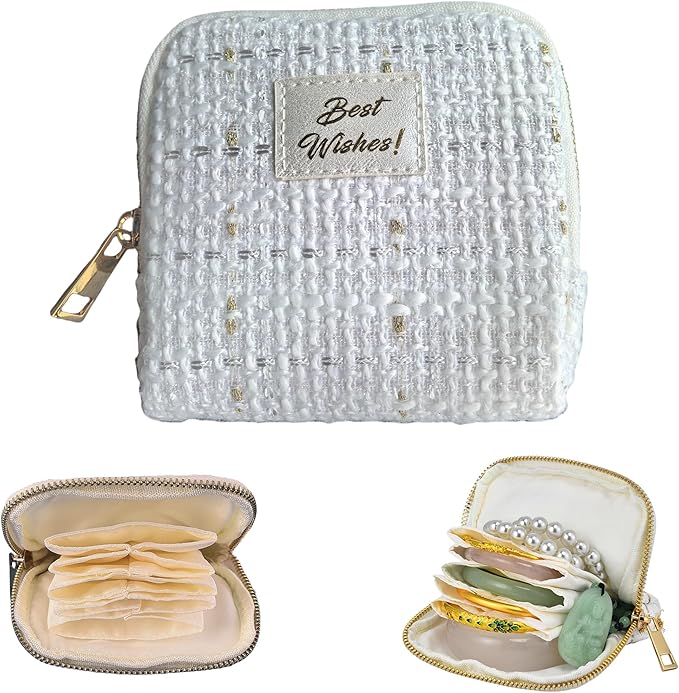 Small Travel Jewelry Case, Soft Tweed Organizer Pouch for Bangle, Bracelets, large Earrings, Beaded necklace, Anti-Scratch & Portable Jewelry Bag Holder for Travel & Everyday Use (Snow Sparkle)