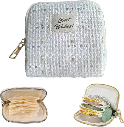 Small Travel Jewelry Case, Soft Tweed Organizer Pouch for Bangle, Bracelets, large Earrings, Beaded necklace, Anti-Scratch & Portable Jewelry Bag Holder for Travel & Everyday Use (Snow Sparkle)