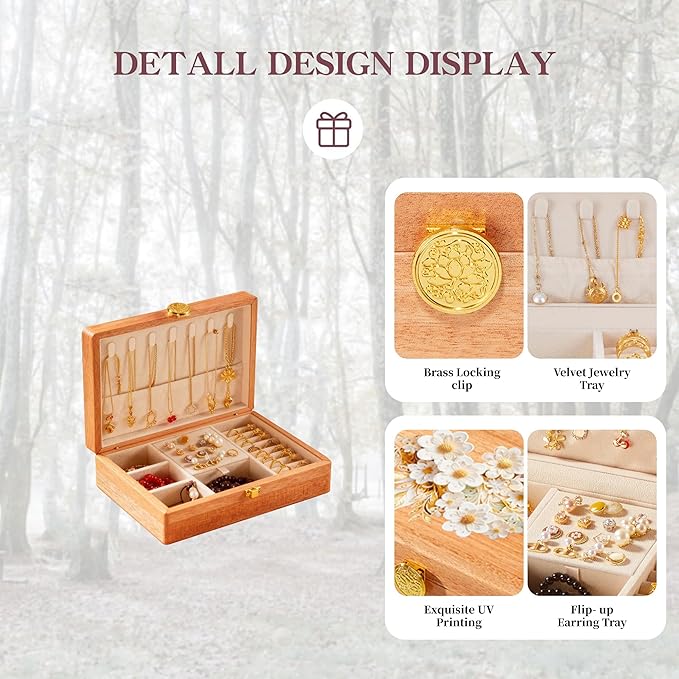 Travel Jewelry Case Small Wood Jewelry Organizer Jewelry Box for Women (Pine Wood Print C)