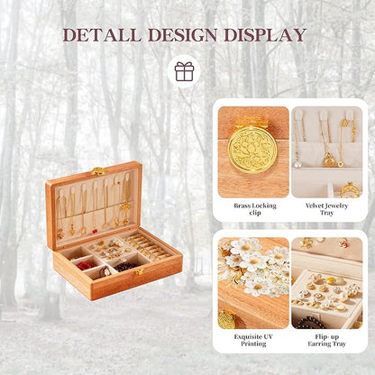 Travel Jewelry Case Small Wood Jewelry Organizer Jewelry Box for Women (Pine Wood Print C)