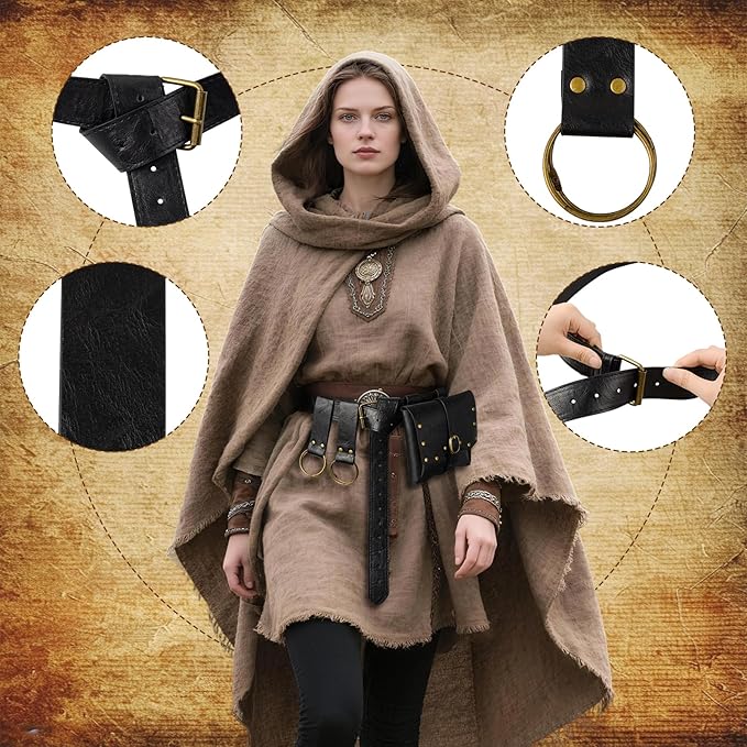 Renaissance Belt Pouch Viking Leather Medieval Belt Waist Bag Pirate Cosplay Festival Halloween Adjustable Accessories (Black)