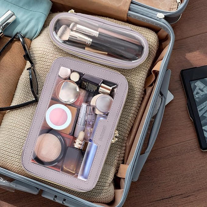 Travel Clear Makeup Bag with Makeup Brush Bag, Leather Makeup Case Toiletry Bag, Portable Cosmetic Bag Case, Transparent Waterproof Cosmetic Organizer Storage Bag for Women, Purple