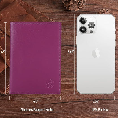 STAR VISTA Albatross Leather Travel Passport Holder, Minimalist Design, Calfskin Leather Case for Women and Men - Slim Passport Wallet, Bifold, RFID Blocking, Violet