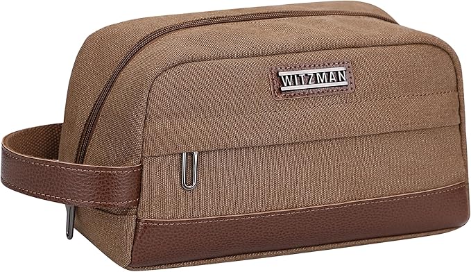 WITZMAN Toiletry Bag for Men Canvas Travel Bathroom Bag Lightweight Dopp Kit Mens Shaving Bag Cosmetic bag(A8011 Brown)