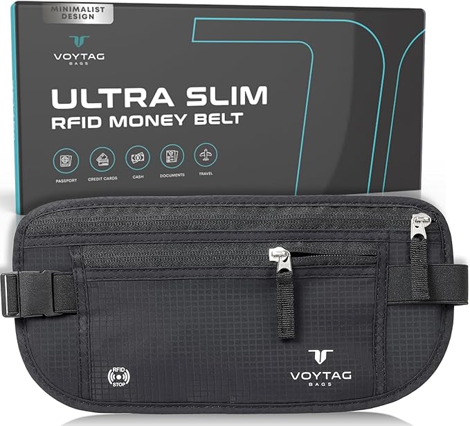Travel Money Belt & Passport Holder - RFID Blocking Slim Travel Wallet & Fanny Pack for Men and Women - Essential Travel Pouch for Cash, Credit Cards, and Documents