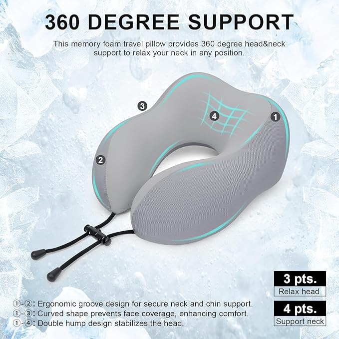 Travel Pillow for Airplane Memory Foam Neck Pillow, Soft & Support Travel Pillow for Travelling, Sleeping Rest, Car, Train and Home Use (Grey)