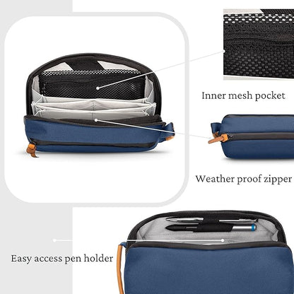 TRIPPED Travel Gear Tech Bag Organizer - Small Electronics Organizer Pouch for Travel - Premium Travel Case with Leather Accents - Mesh Pocket for Cables, Cords and Chargers (Navy)