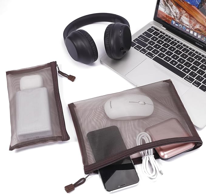 12 Pieces Zipper Nylon Mesh Pouch, Mesh Cosmetic Bags Makeup Bags Pencil Case, Multipurpose Travel Bags for Cosmetic School Office Supplies and Travel Accessories (Coffee, A5)