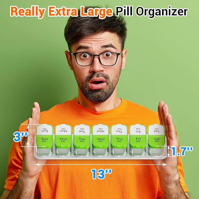 Daviky Large Weekly Pill Organizer 2 Times a Day, Extra Large Travel Pill Box 7 Day, Am Pm Twice Daily Pill Case, Pill Holder Container for Vitamin, Medicine, Supplement, Fish Oil, BPA Free, Green