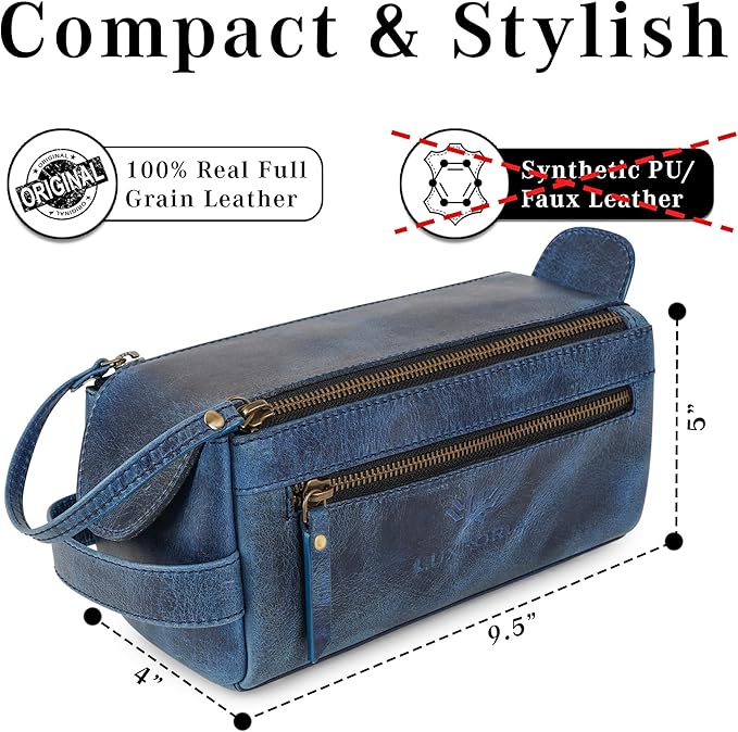 LUXEORIA Genuine Leather Toiletry Bags for Men and Women, Handmade Premium Leather Dopp Kit and Shaving Bag, Cosmetic Bag for Womens and Mens, Travel Essentials & Organizers