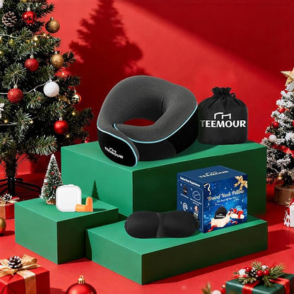 Upgraded Neck Pillow for Airplane Travel - 360° Support Stops Head Bobbing, Memory Foam Travel Pillow With Eye Mask & Earplugs, Portable Carry Bag for Long Flights/Car| Best Airplane Accessories Black