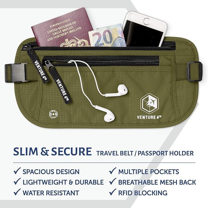 VENTURE 4TH Travel Money Belt - Slim Passport Holder RFID Blocking Travel Pouch to Protect Cash, Credit Cards and Travel Documents (Green)
