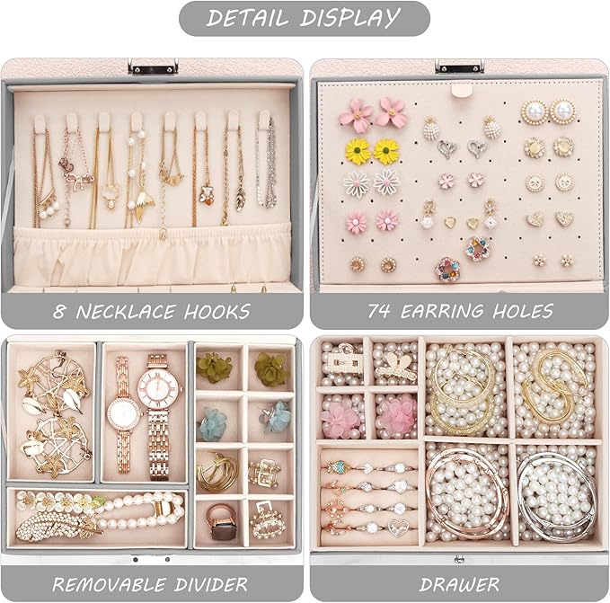 DesignSter Jewelry Organizer Box, 2 Layers Large Jewelry Box with Travel Jewelry Case, Leather Jewelry Storage Case for Rings Earrings Bracelets Necklaces (Gray)