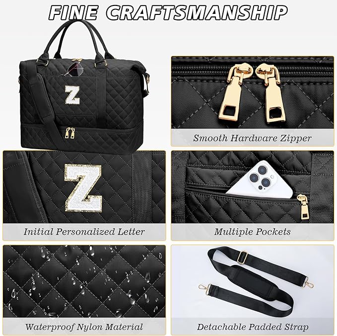 Gifts for Women Birthday Christmas Initial Travel Duffle Bag Quilted Weekender Bags Carry-On Overnight with Cosmetic Bag, Gym Bag with Shoe Compartment Hospital Bag for Women Labor Delivery, Black Z