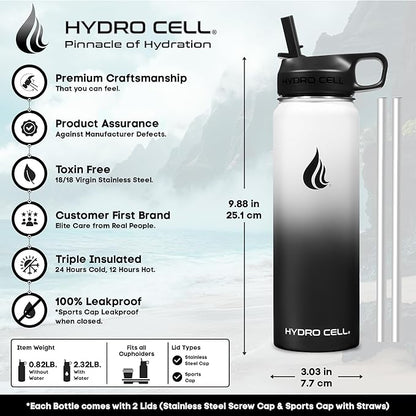 HYDRO CELL Stainless Steel Insulated Water Bottle with Straw - For Cold & Hot Drinks - Metal Vacuum Flask with Screw Cap and Modern Leakproof Sport Thermos for Adults (Black/White 24oz)