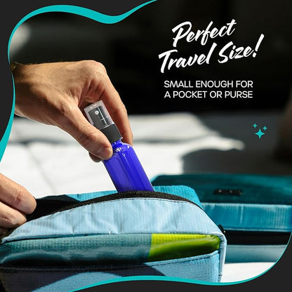 Nevlers 1 Oz Cobalt Blue Glass Spray Bottles Mist Sprayer 24 Pack | Small Spray Bottle Set w/ Shrink Wrap, Funnel, Brush, Marker, & Labels | Misting Bottle Sprayer for Home | Travel Spritzer Bottles