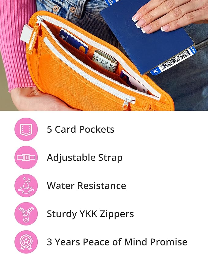 Vantamo Money Belt with RFID For Men & Women, Hidden Passport Holder for Travel, 2 Compartment Travel Fanny Pack for Women Anti Theft