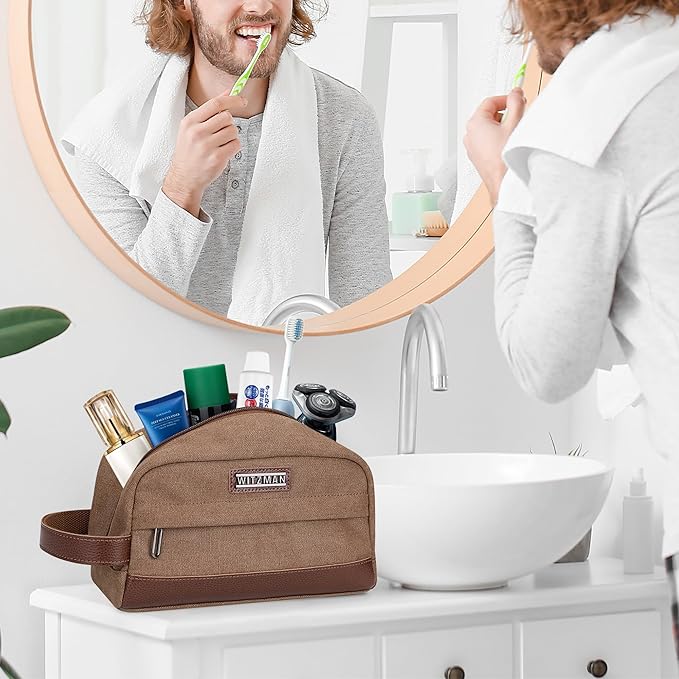 WITZMAN Toiletry Bag for Men Canvas Travel Bathroom Bag Lightweight Dopp Kit Mens Shaving Bag Cosmetic bag(A8011 Brown)