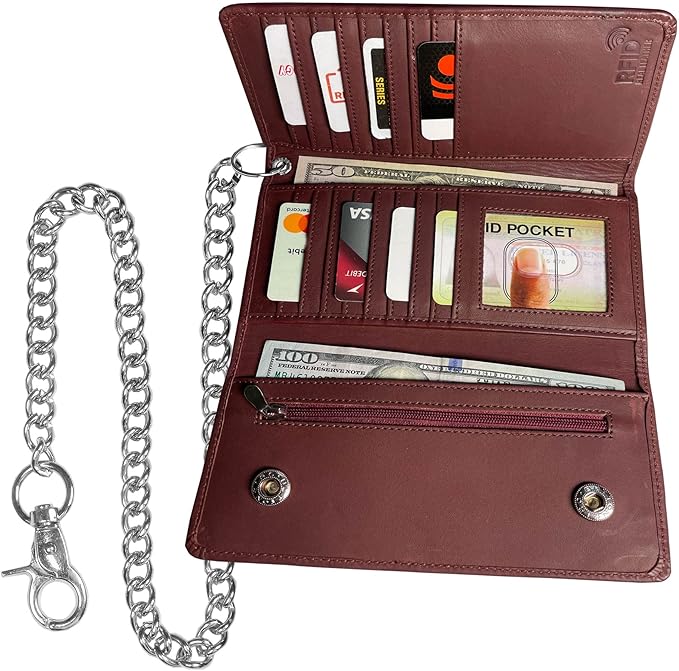IBRO VINTAGE Motorcycle Chain Wallet for Men – Premium Cowhide Leather, RFID Tri-Fold Biker Wallet with Heavy Duty Chain for Bikers Truckers & Hunters, Credit Card Money Organizer Long Wallet