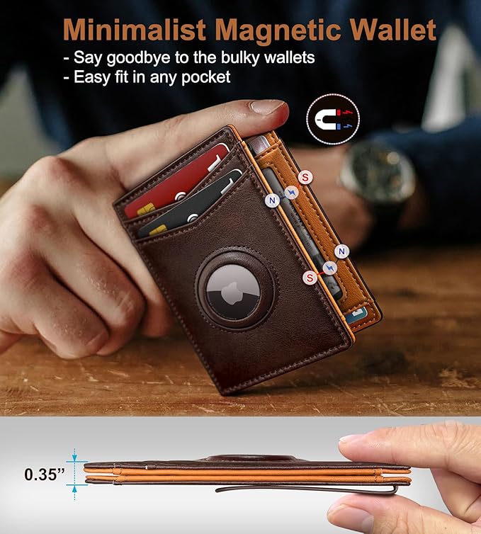 Airtag Wallet for Men- with Money Clip Gift Boxed, Magnetic Closure Slim Genuine Leather Front Pocket Wallet, 4.1"x 2.8", RFID Blocking