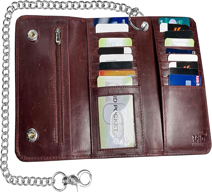 IBRO VINTAGE Motorcycle Chain Wallet for Men – Premium Cowhide Leather, RFID Tri-Fold Biker Wallet with Heavy Duty Chain for Bikers Truckers & Hunters, Credit Card Money Organizer Long Wallet