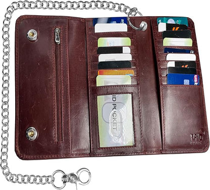 IBRO VINTAGE Motorcycle Chain Wallet for Men – Premium Cowhide Leather, RFID Tri-Fold Biker Wallet with Heavy Duty Chain for Bikers Truckers & Hunters, Credit Card Money Organizer Long Wallet