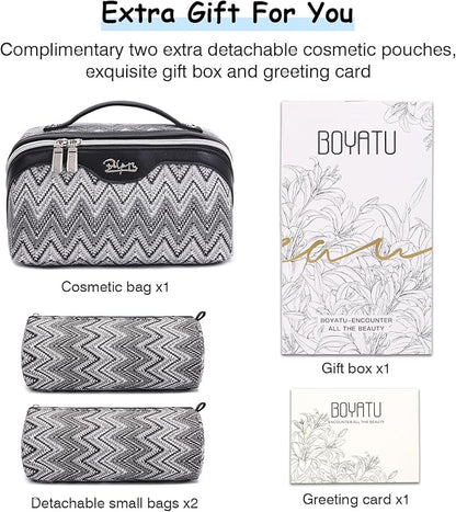 BOYATU Travel Makeup Bag for Women: Western Boho Make up Bag Set of 3 - Large Capacity Vegan Leather Cosmetic Bag - Waterproof Toiletry Bag with Compartments & Handle & Divider(J-3-Black)