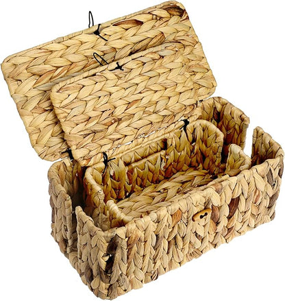 BTSKY Woven Cable Management Box with Lid, Water Hyacinth Cord Organizer for Desk, Cable Organizer Box with 2-Open Slots to Hide Power Strips USB Hubs for Home & Office, Pet Proofing Cord Basket, L+S