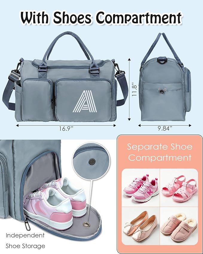 Initial Travel Duffle Bag Women Girls Gift: Personalized Weekender bags, Dance Cheer bag Sports for Girl, Kid Gymnastics Bags, Birthday Gifts for Women Girls Kids Teens Mom Teacher