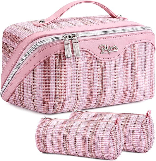 BOYATU Travel Makeup Bag for Women: Large Capacity Open Flat Make up Bag Set of 3 - Vegan Leather Cosmetic Bag with Compartments - Waterproof Toiletry Bag with Handle & Divider(I-1-Pink)