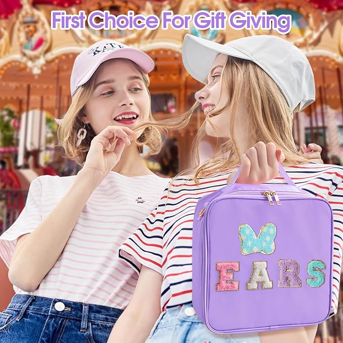 Chenille Letter Bow Mouse Ears Travel Case, Park Ears Headband Holder Hair Accessories Organizer Bag for Girls Women Kids Adults, Large Makeup Bag Snack Bags with Zipper for Travel Picnic - Purple