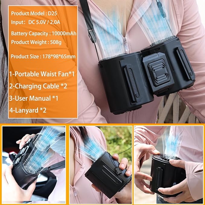 Portable Waist Fan Detachable Dual-Fan Combination Turbo Technology10000 mAh 5-Speed 13000RPM Clip On Belt Wearable Personal Neck Fan for Traveling Outdoor Jobsite Camping (BLACK)