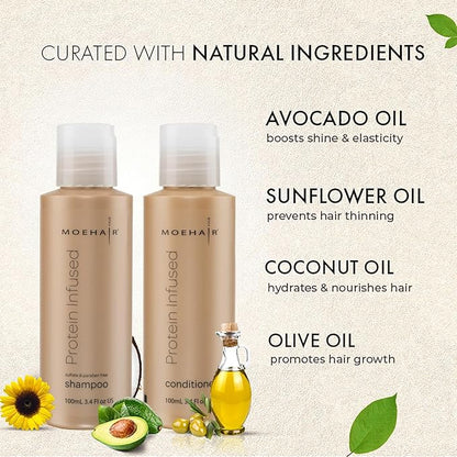 Moehair Travel Sized Toiletries (Protein-Infused Shampoo & Conditioner) | Travel Shampoo and Conditioner Set | Repairs Damaged Hair | Sulfate, Paraben-Free Haircare For All Hair Types (3.4 Fl.Oz)