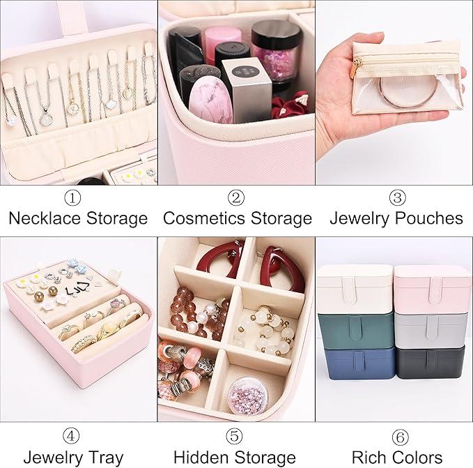 2 Layer Portable Jewelry Box, Large Jewelry Travel Case with 4 Jewelry Pouches, Medium Size Jewelry Organizer Box for Earrings, Necklaces, Bracelets (light pink)