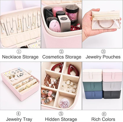 2 Layer Portable Jewelry Box, Large Jewelry Travel Case with 4 Jewelry Pouches, Medium Size Jewelry Organizer Box for Earrings, Necklaces, Bracelets (light pink)