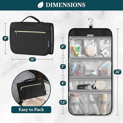PAVILIA Hanging Toiletry Bag Women Men, Travel Kit Foldable Large Toiletries Organizer, Roll up Cosmetics Makeup Bag Accessories, Waterproof Essentials Jewelry Case (Black)