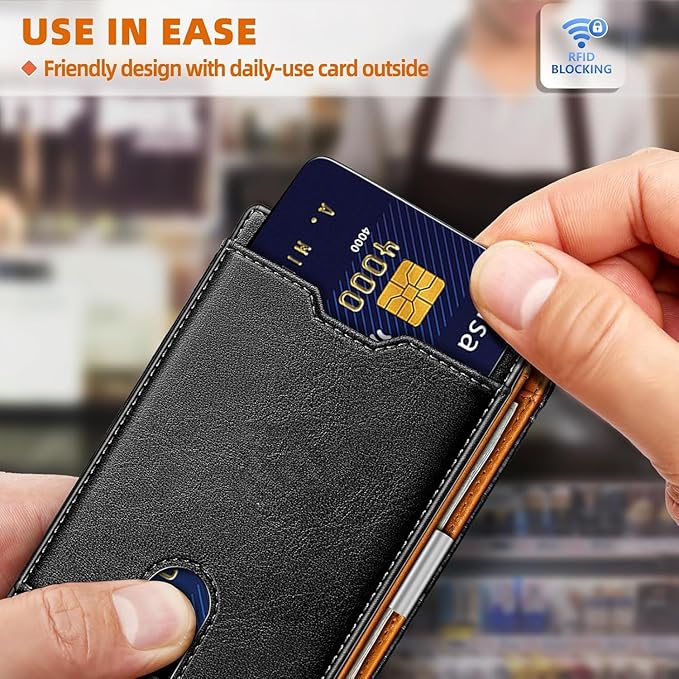 Genuine Leather Wallet for Men, Slim Bifold RFID Blocking with Zipper Coin Pocket, Minimalist Design for Travel and Daily Use (Carbon Fiber Black)